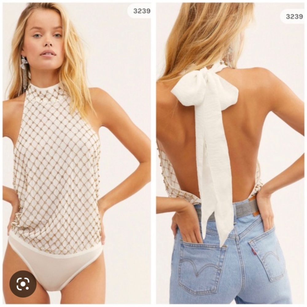 Free People Bling bling cha ching halter bodysuit L